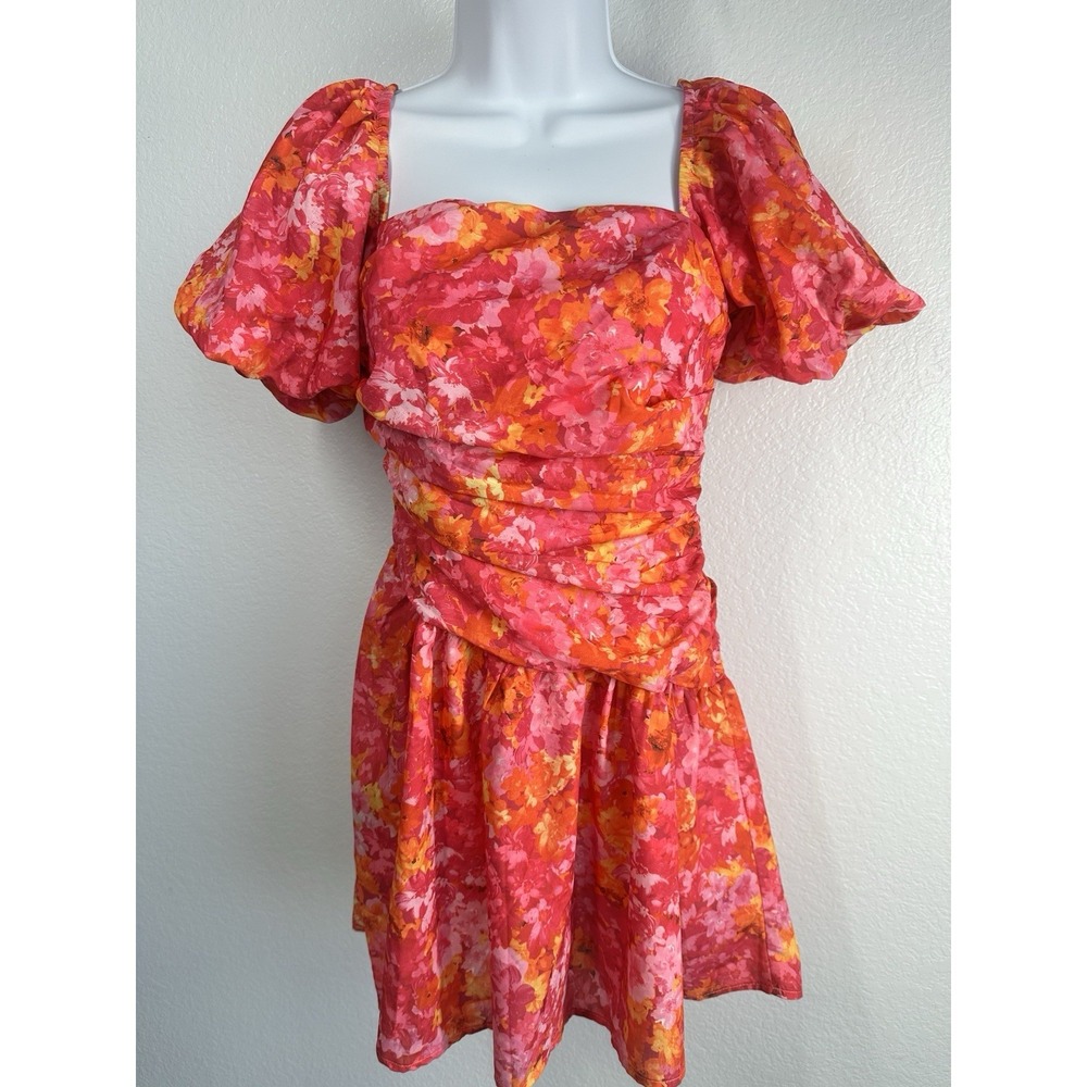 NEW HELLO MOLLY Puff Sleeve Ruched Mini Dress Sz: 4 Pink Orange Floral